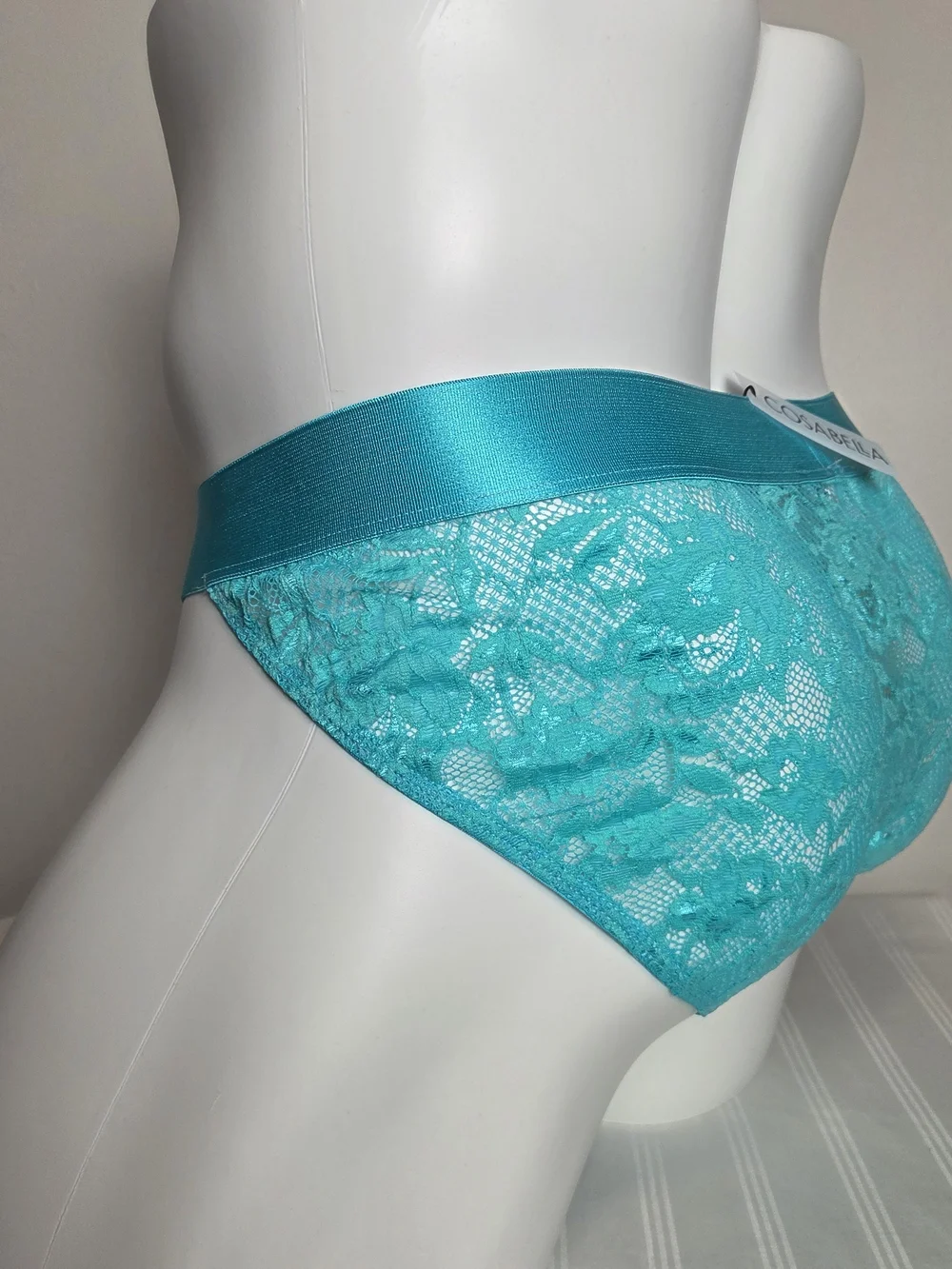 Cosabella Men's Low-Rise Lace Bikini Briefs in Teal Blue
